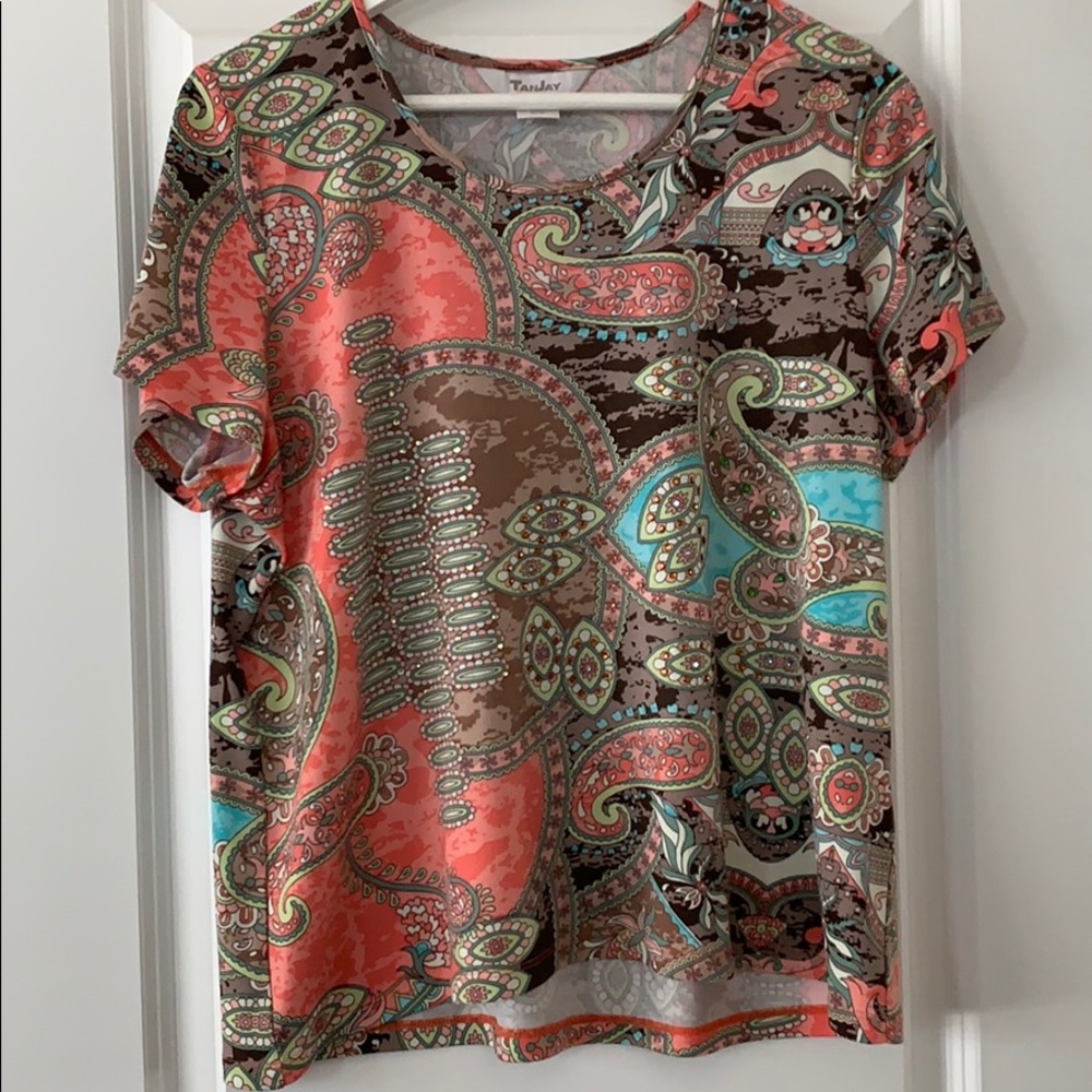 TanJay multicolor rhinestones short sleeve blouse